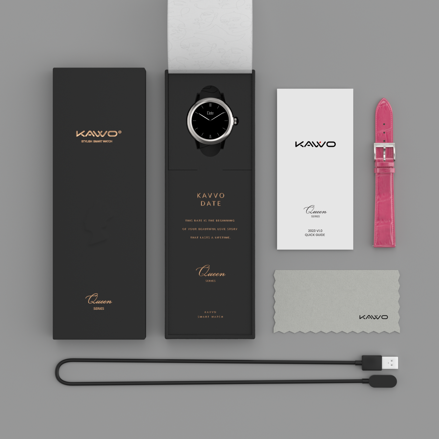 KAVVO Date - White Gold - Rose Red Strap